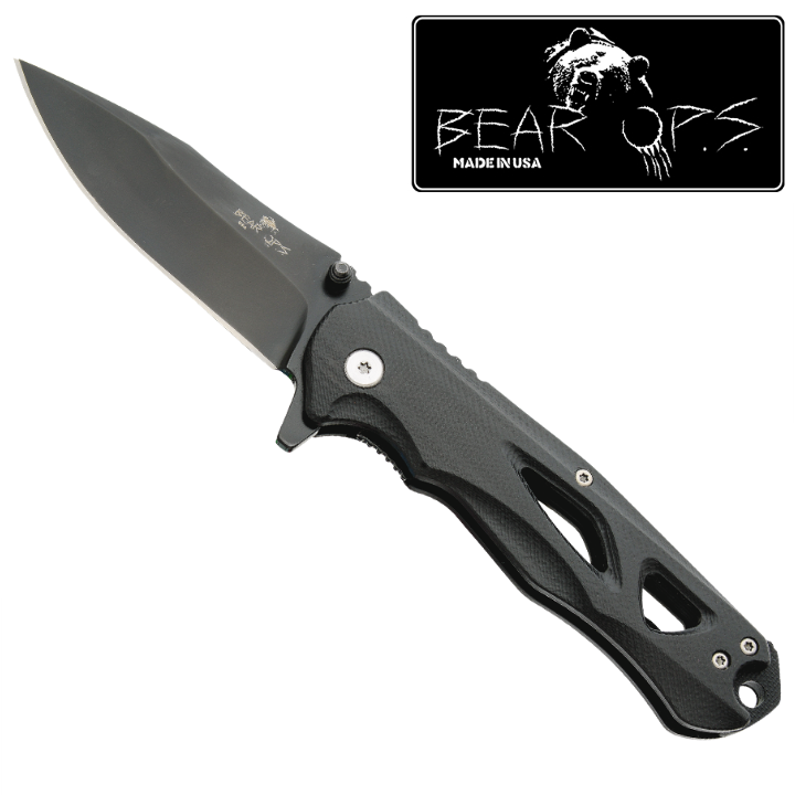 Bear 4 1/2" G10 Handle Black Blade Knife with Pocket Clip **