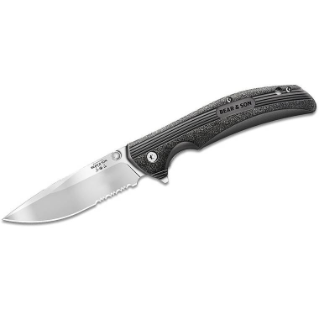 Bear & Son 4 1/2" Black Zytel Sideliner Serrated Blade Knife with Flipper
