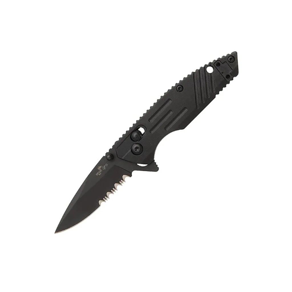 Bear OPS Rancor 4 3/8" Black ZYTEL Slide Lock D2 Serrated Blade