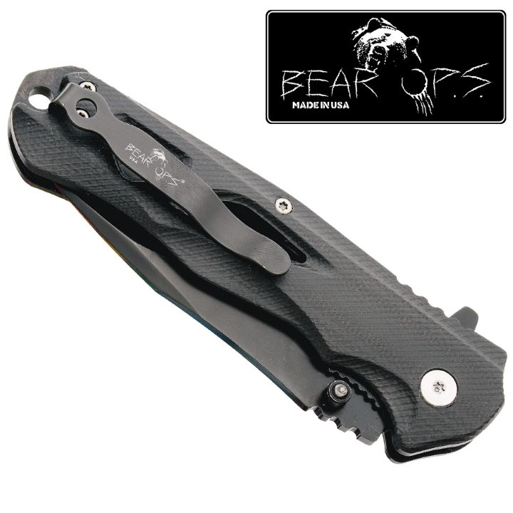 Bear 4 1/2" G10 Handle Black Blade Knife with Pocket Clip **