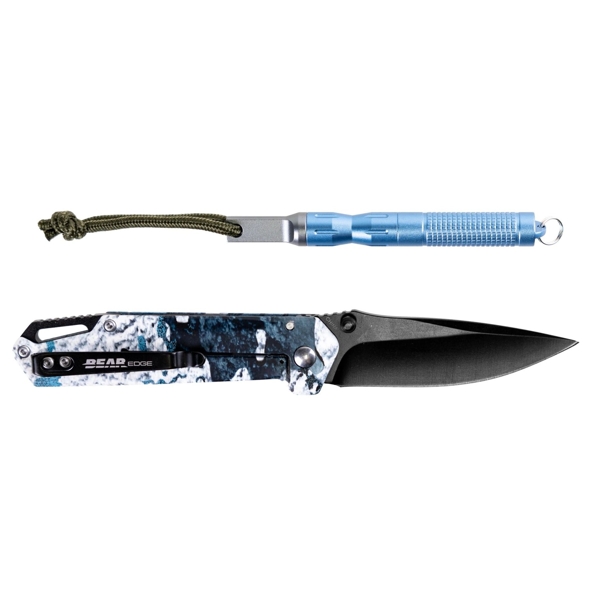 Bear Edge 3" Folding Spear Point Knife (Blue) with Fire Starter