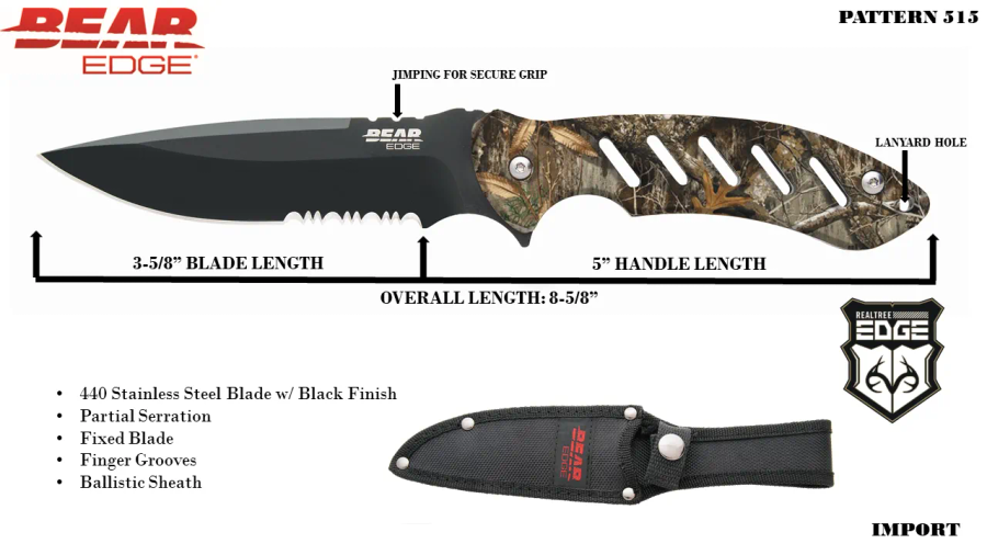 Bear Edge Brisk 9 3/4" Black Blade Knife - Real Tree