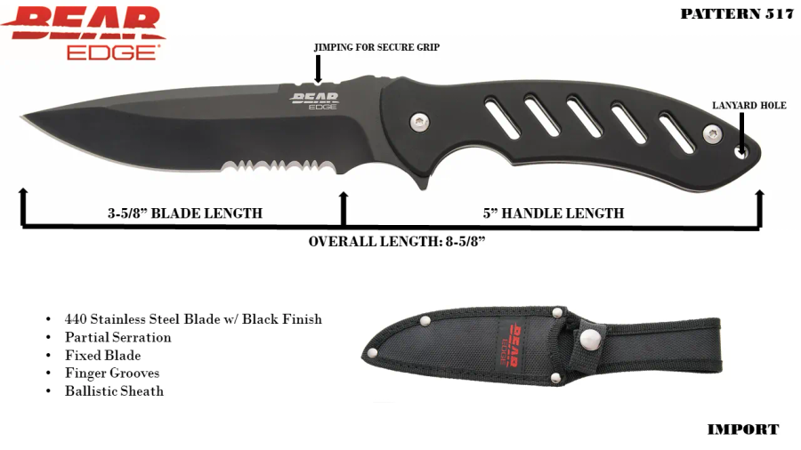 Bear Edge Brisk 1.0 9 3/4" Black Fixed Blade Knife with Ballistic Sheath